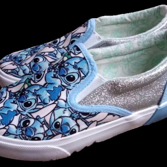 Disney Lilo & Stitch Girls Sneakers Size 2, Blue W/Sparkly Silver, Slip On - Picture 2 of 10